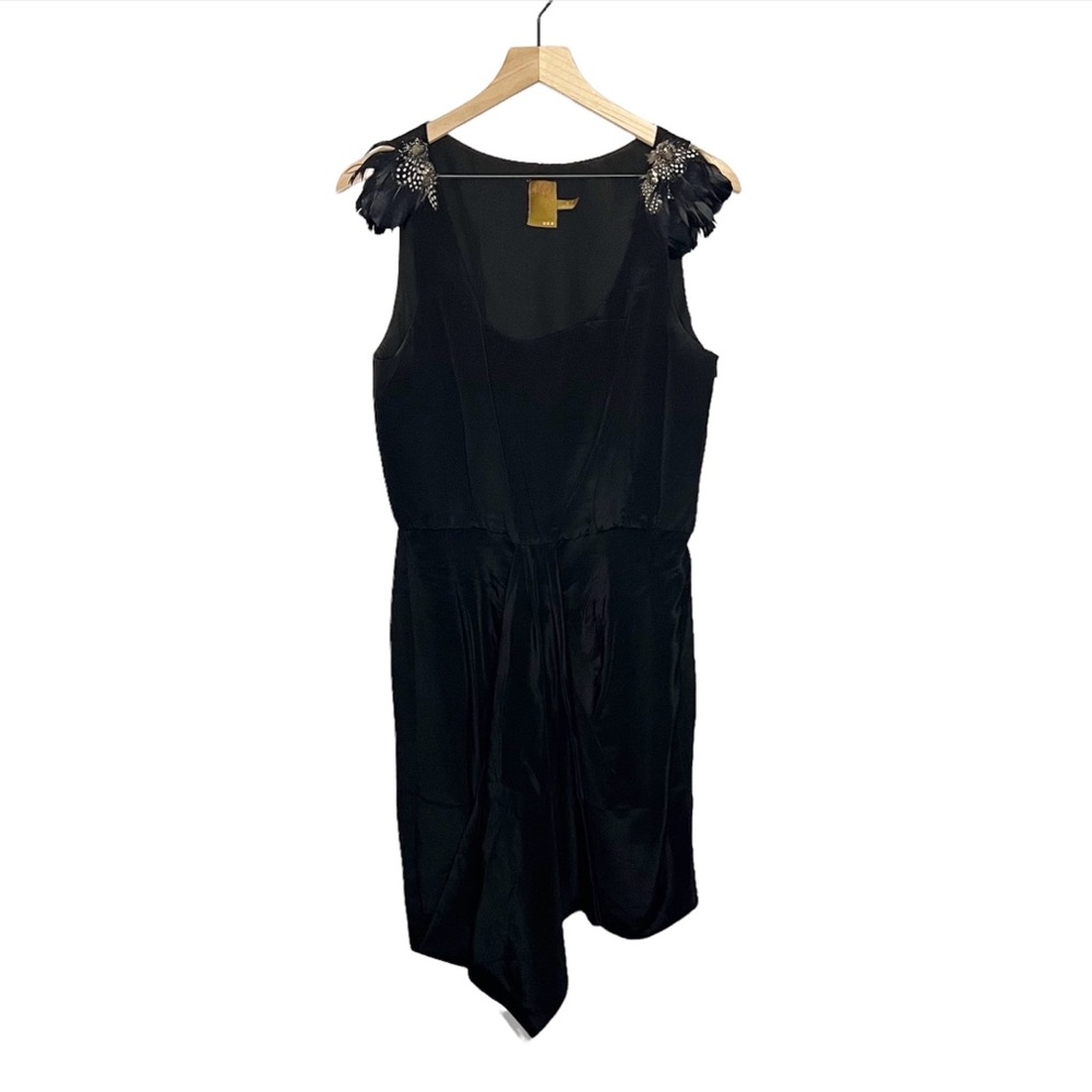 Ali Ro 100% Silk Feather Embellished Drape Sleeveless Dress in Black 12